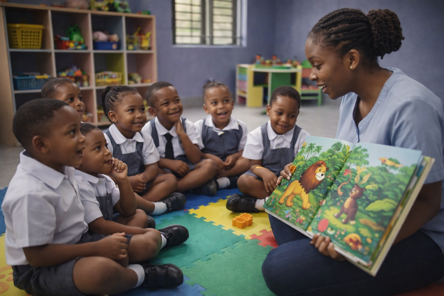 Preschool classroom story time with teacher and children 